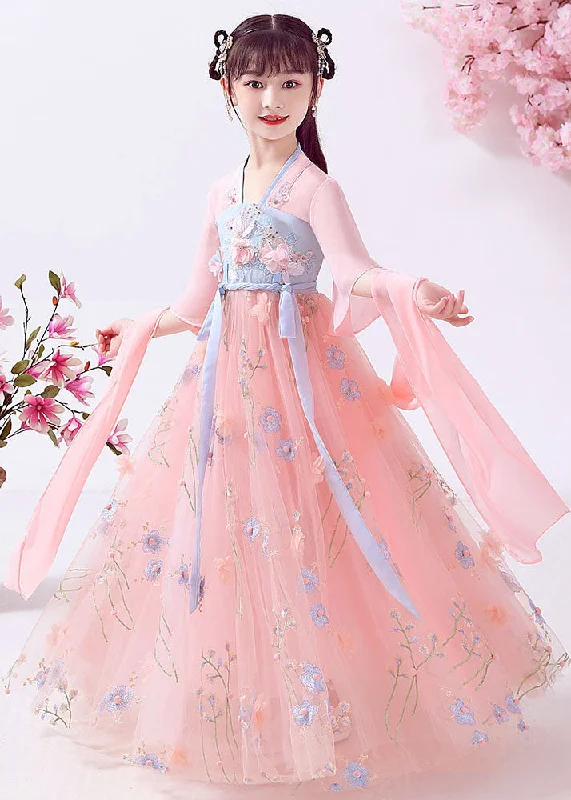 Trendy Threads Beautiful Pink Embroideried Patchwork Cotton Kids Girls Long Dresses Summer