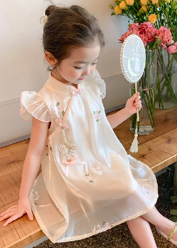 Casual Women’s Clothing Online Elegant Beige Embroideried Button Tulle Girls Long Dresses Summer