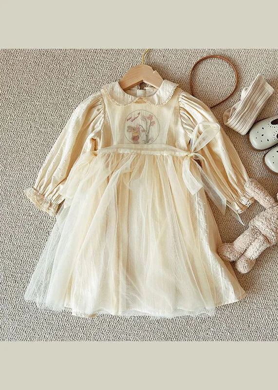 Fashion-forward Women’s Clothing Lovely Beige Peter Pan Collar Patchwork Tulle Baby Girls Princess Dresses Fall