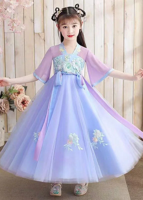 Casual Fashion for Women Oriental Purple Embroideried Tie Waist Patchwork Chiffon Kids Girls Dresses Summer