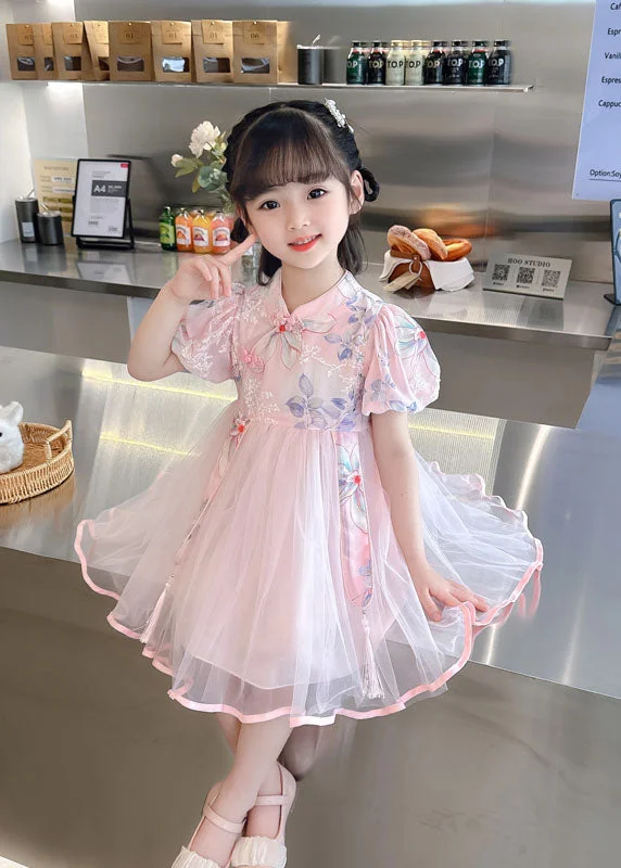 Comfort First Women's Wear Cute Pink Embroideried Chinese Button Patchwork Tulle Baby Girls Dresses Summer