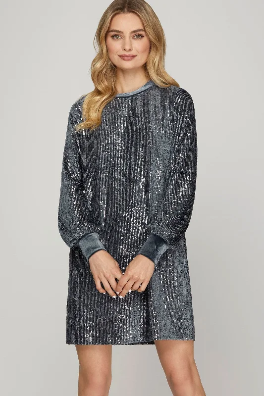 Women’s Stylish Outerwear BLUE GREY SEQUIN ROUND NECK VELVET CONTRAST MINI DRESS SSY7835