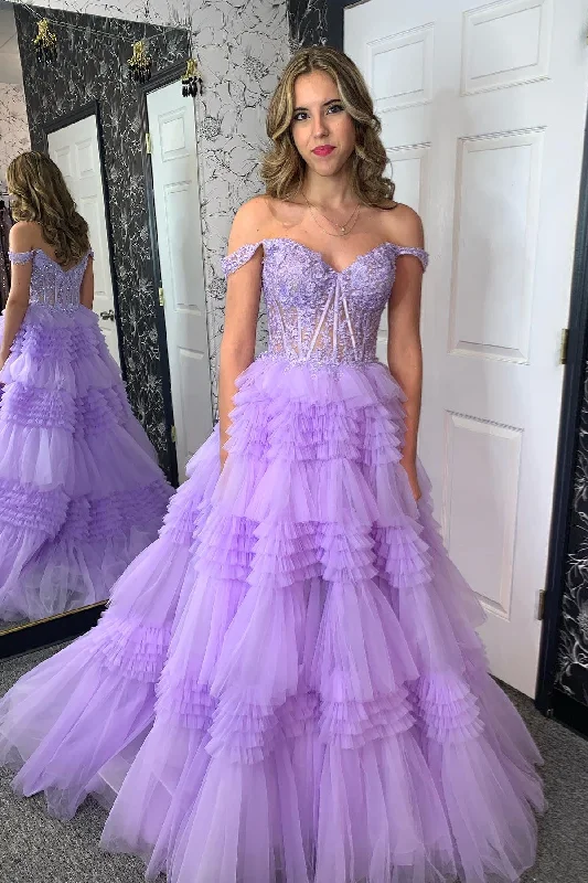 Seasonal Sale Lavender Off-Shoulder Floral A-line Layers Long Prom Dress