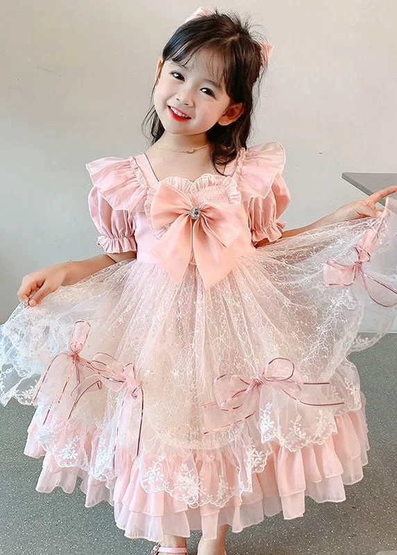 Crazy Price Slashing Lovely Pink Ruffled Bow Patchwork Tulle Baby Girls Princess Dress Summer