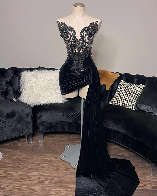 Seasonal Trends Elegant Luxury Beaded Embroidery Black Velvet Black Girls Side Train Short Prom Dresses For Birhday Party