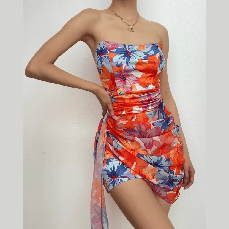 Urban Femme Streetwear Flower pattern contrast backless irregular tube mini dress