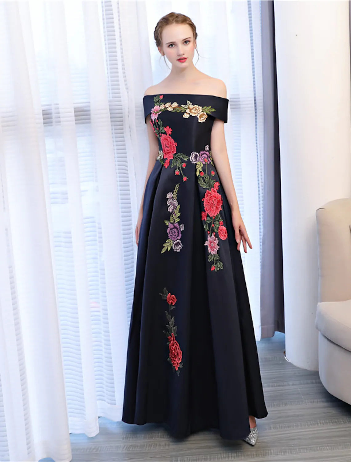 Your Timeless Wardrobe Awaits A-Line Floral Dress Wedding Guest Floor Length Sleeveless Off Shoulder Satin with Embroidery Appliques