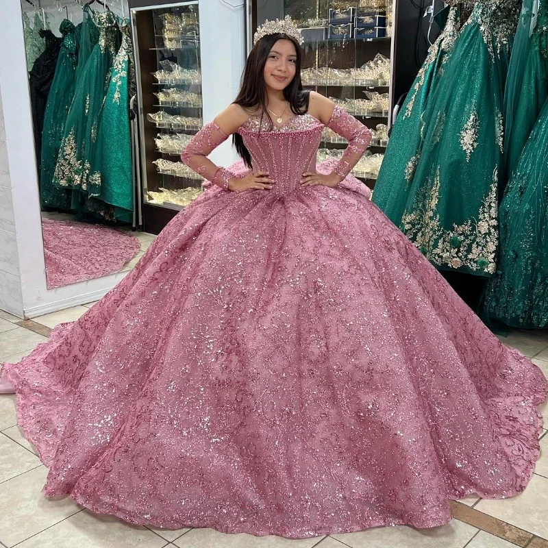 Casual Chic Clothing Pink Sparkly Off The Shoulder Quinceanera Dresses Ball Gown Lace Crystal Beading Tull Corset For Sweet 16 Girls vestidos de 15