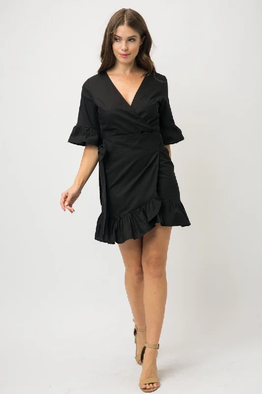 Huge Markdowns BLACK RUFFLED SHORT SLEEVES TIED SURPLICE MINI DRESS MDR7518