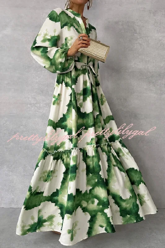 Exclusive Sale Unique Printed V-neck Long Sleeve Waist Tie-down Maxi Dress