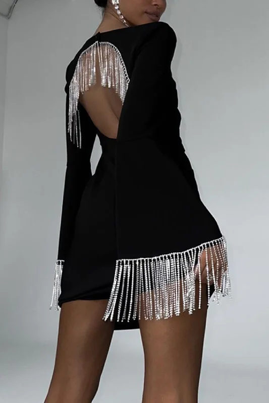 Casual Chic Rhinestone Fringe Backless Mini Dress