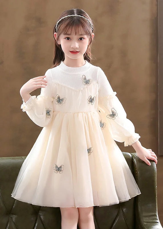 Limited Time Offers Apricot Patchwork Tulle Kids Girls Dresses Wrinkled Butterfly Fall