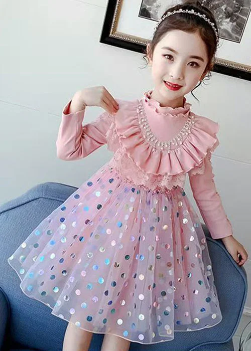 Best Sellers Stylish Pink Ruffled Dot Patchwork Cotton Baby Girls Dresses Fall