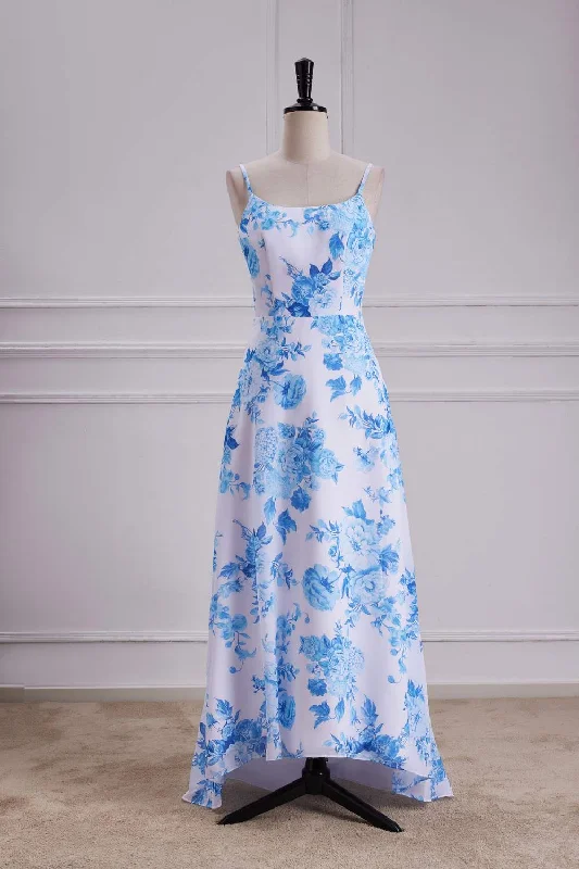 Mega Sale Blue Floral Spaghetti Straps A-line Long Bridesmaid Dress