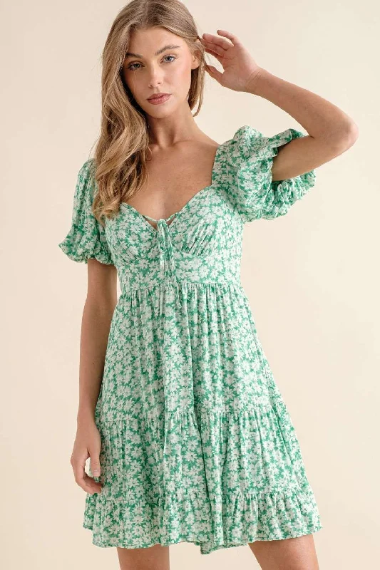 Top Deals GREEN V-NECK PUFF SHORT SLEEVES RUFFLED MINI DRESS IBD9474