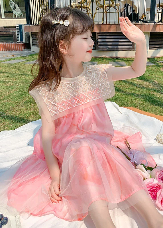 Effortless Everyday Wear Stylish Pink Nail Bead Wrinkled Patchwork Tulle Kids Girls Dress Summer