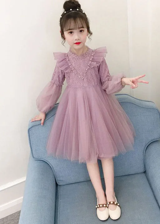 Mega Sales Chic Purple Ruffled Nail Bead Patchwork Tulle Kids Girls Dresses Fall