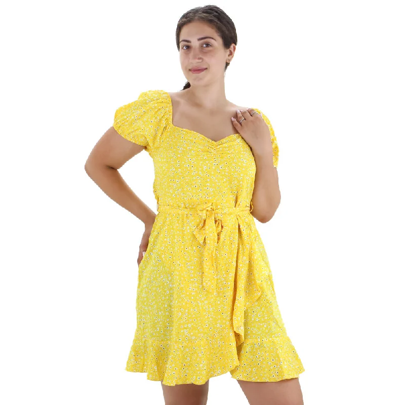 Trendsetting Threads Women's Floral Puff Sleeve Short Dress with Belt ,Yellow