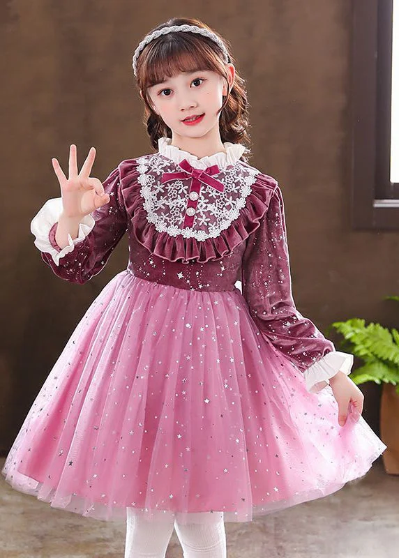 Hot Picks Elegant Purple Ruffled Velour Patchwork Tulle Baby Girls Dress Fall