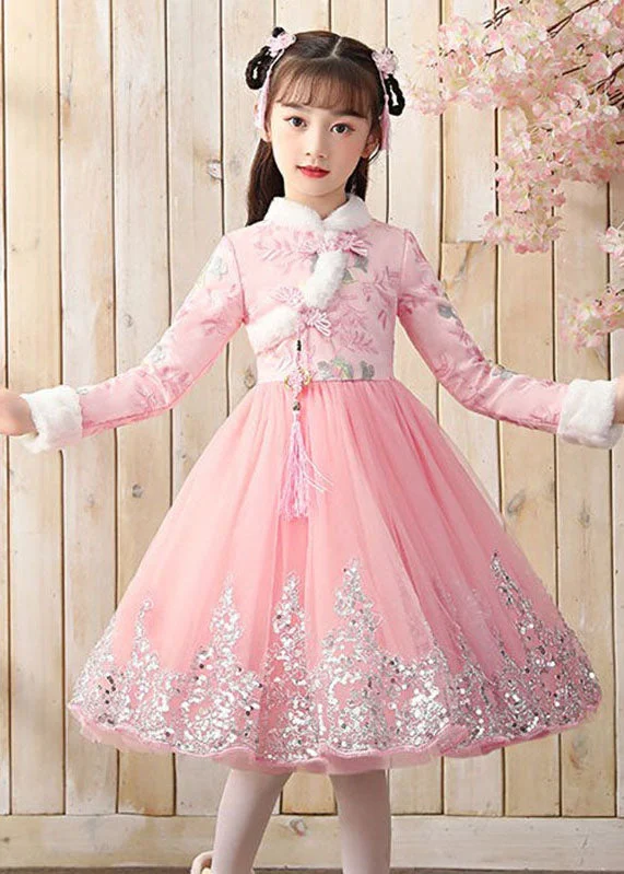 Women’s Evening Wear Boutique Pink Fur Collar Tulle Patchwork Warm Fleece Girls Maxi Dresses Winter