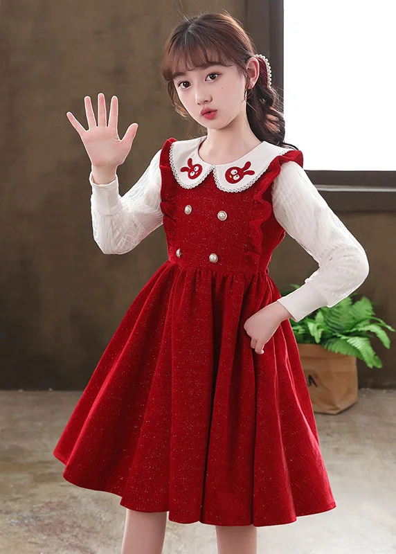 Modern Women’s Apparel Boutique Red Ruffled Patchwork Warm Fleece Baby Girls Dresses Fall