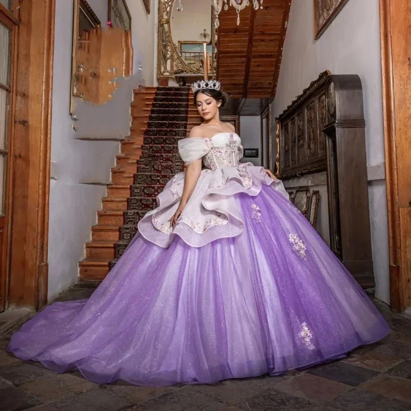 Chic And Comfortable Purple Shiny Ball Gown Quinceanera Dress Sweet 15 16 Years Old Birthday Party Wear Sweetheart Off Shoulder Princess Long Girls