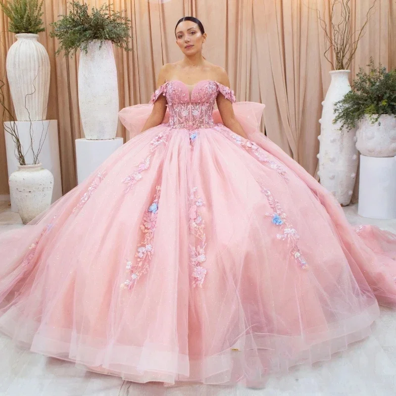 High End Women's Wear Mexico Pink Sweetheart Ball Gown Quinceanera Dress For Girls Beaded Appliques Lace Tull Birthday Party Gowns Prom Sweet vestidos