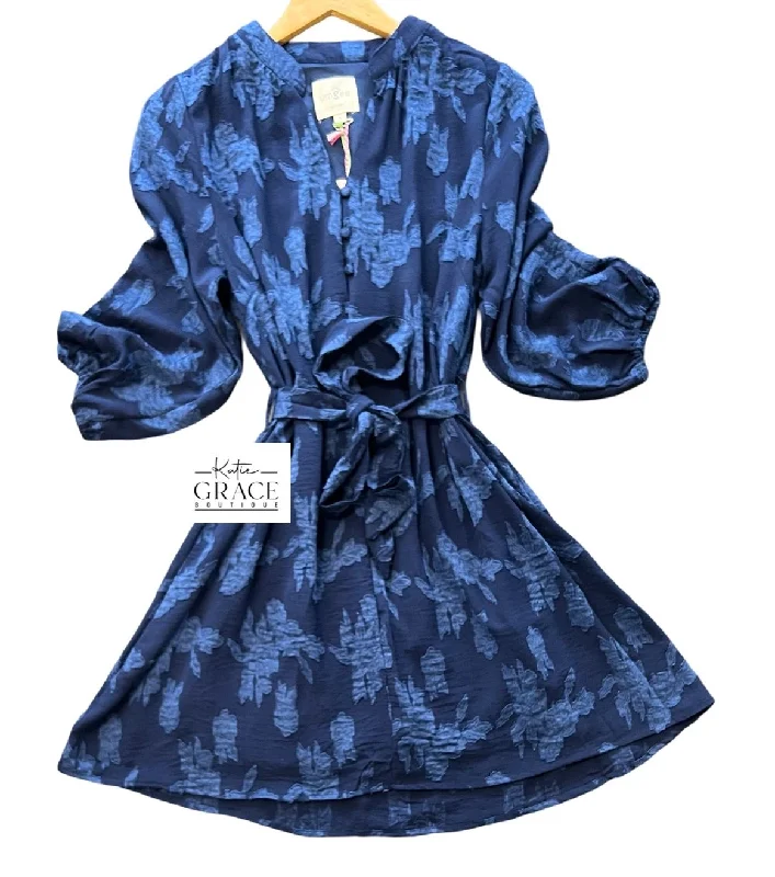 Timeless Women’s Fashion Styles Last One! “Joanna" Floral Tonal Dress, Indigo