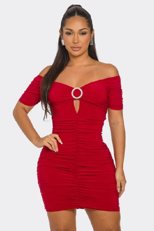 Comfortable Women’s Outfits RED O-RING CUTOUT HALF SLEEVES OFF-SHOULDER  MINI DRESS SP9659D