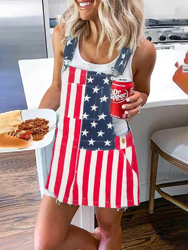 Timeless Elegance Redefined Independence Day Flag Print Graceful Pocket Strap Mini Dress