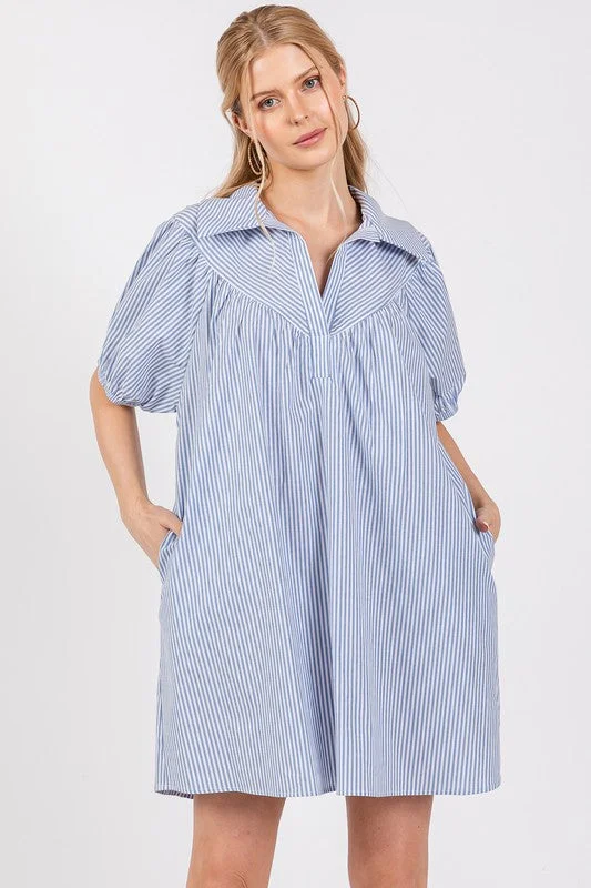 Crazy Price Slashing BLUE STRIPED COLLARED PUFF SLEEVES MINI DRESS DLU51348STA