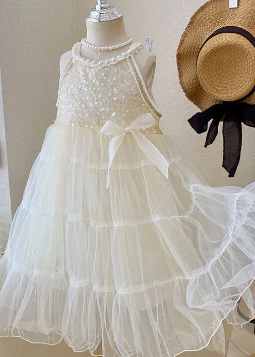 Redefining Women's Fashion Lovely Beige Sequins Nail Bead Wrinkled Patchwork Tulle Baby Girls Princess Dress Summer