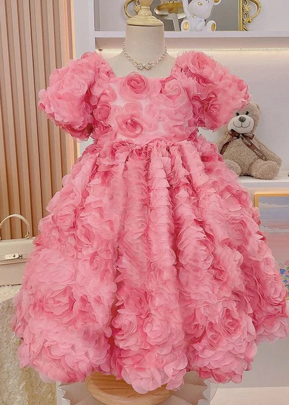 Special Offers, Don't Miss Novelty Pink Square Collar Floral Patchwork Tulle Girls Long Dress Short Sleeve