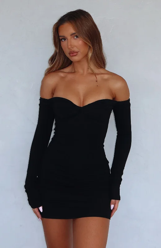 Fashionista Favorites Running Out Of Time Off Shoulder Long Sleeve Mini Dress Black