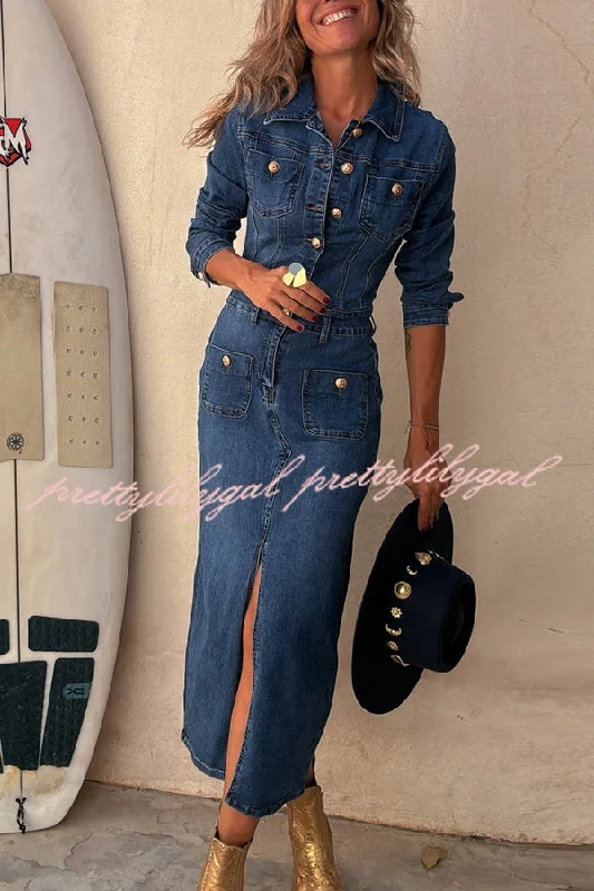 Winter Wardrobe Clearance Tessy Denim Metal Button Zipper Shirt Stretch Pencil Slit Midi Dress