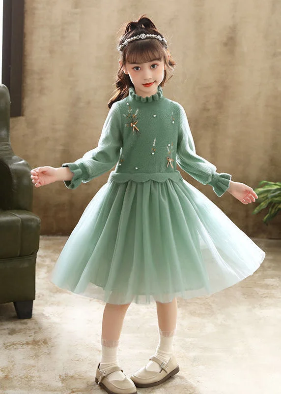 Stylish Dresses for Women Boutique Green Embroideried Patchwork Tulle Baby Girls Dress Fall