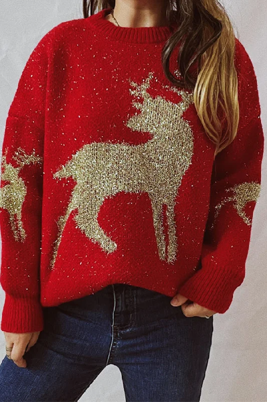 Women’s Trendy Outfits Christmas Pattern Knitted Crew Neck Long Sleeved Sweater