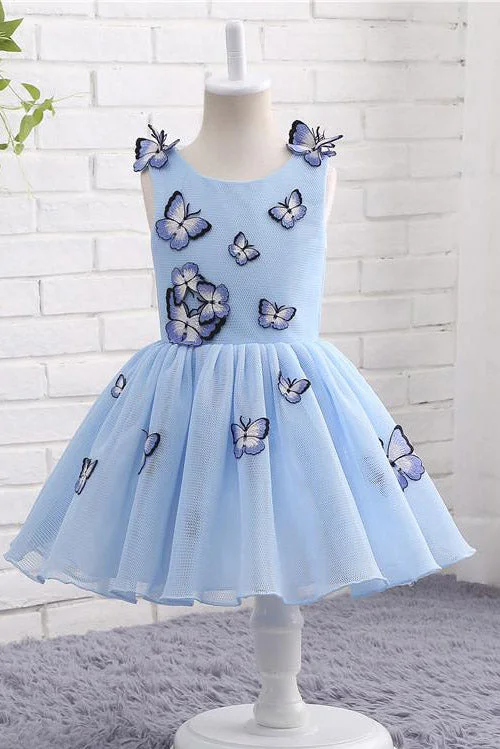 Stylish Everyday Clothing Light Blue Baby Girls Clothes Butterfly Appliques Puffy Flower Girl Dresses F057