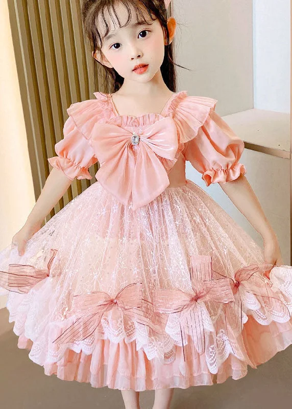 Embrace New Fashion Boutique Pink Ruffled Bow Patchwork Tulle Kids Girls Dress Summer