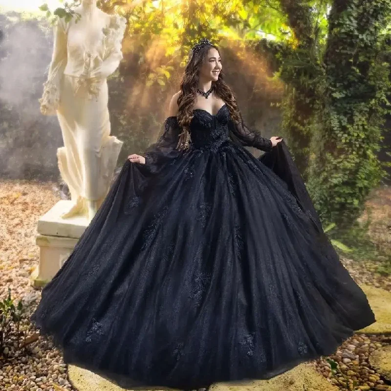 Casual Chic New In Black Quinceanera Dresses Detachable Sleeves Sweet 15 16 Girls Brithday Party Gown Puffy Skirt Princess Long Evening