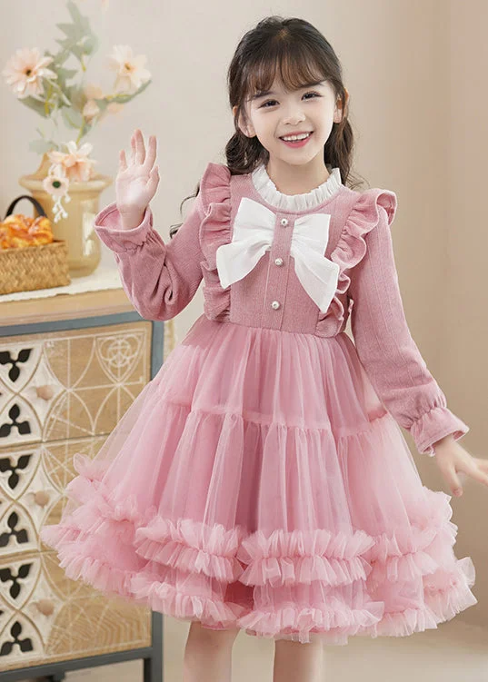 Fashionable Women’s Wardrobe Pink Bow Patchwork Tulle Baby Girls Princess Dress Ruffled Fall