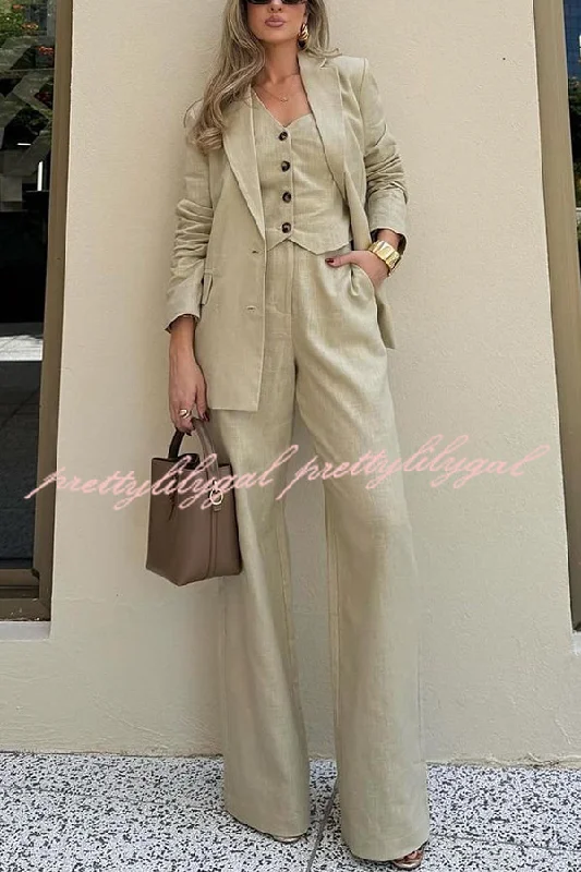 Online Boutiques Best Solid Color Lapel Blazer + Slim Waistcoat and Pocket Wide-leg Pants Three-piece Set