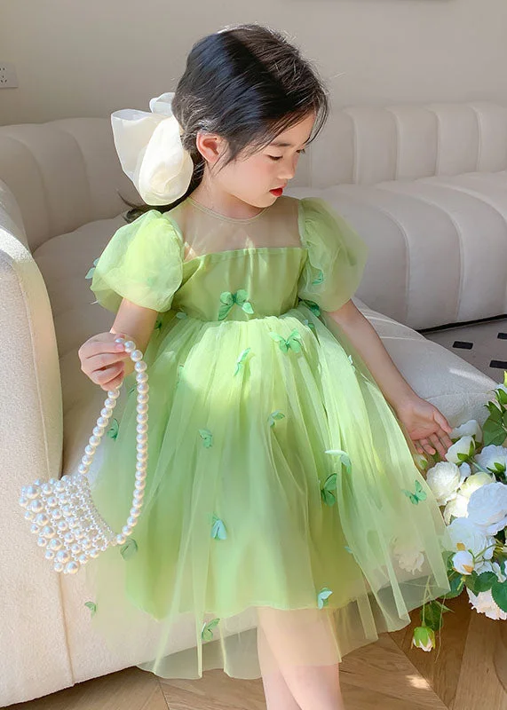 Elegant Simplicity Wardrobe Lovely Green Wrinkled Butterfly Patchwork Tulle Baby Girls Dresses Summer