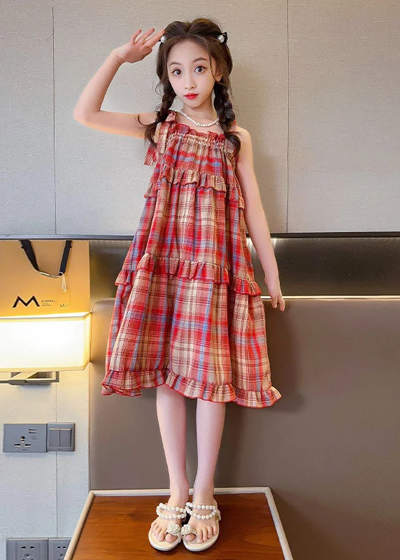 Style Versatile Women's Collection Art Red Plaid Ruffled Bow Patchwork Cotton Kids Girls Dresses Summer