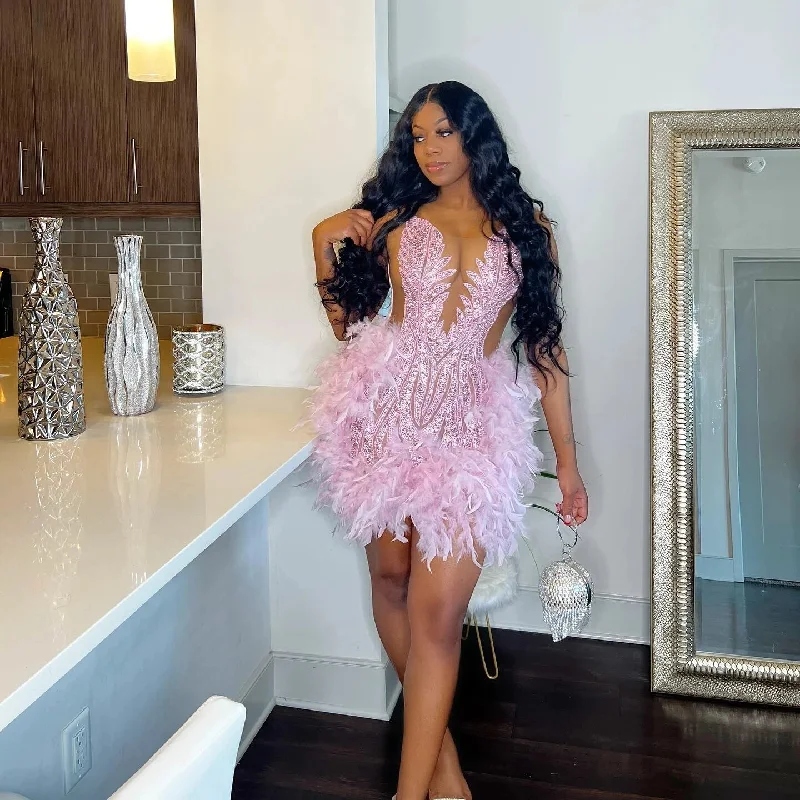 Fashion Forward Sexy See Through Luxury Sparkly Pink Beaded Feather Black Girls Short Prom Dresses For Birthday Party