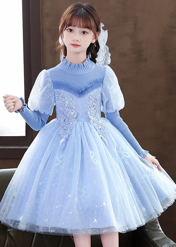 Women’s Fashion Clothing Art Blue Ruffled Sequins Patchwork Tulle Baby Girls Party Dress Fall