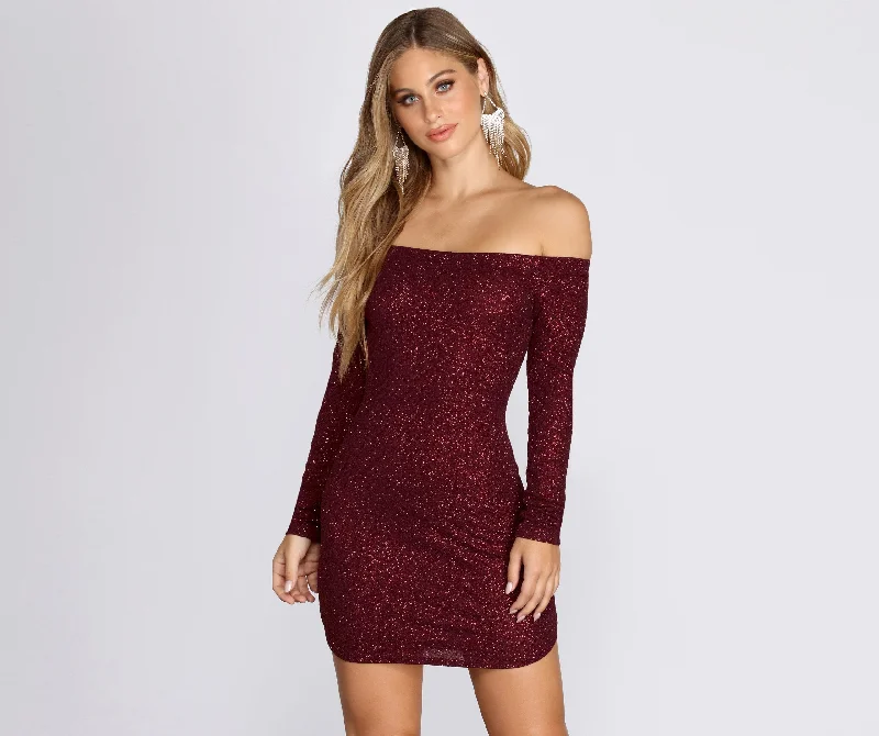 Casual Yet Stylish Separates Off Shoulder Long Charming Sleeve Glittering Mini Dress