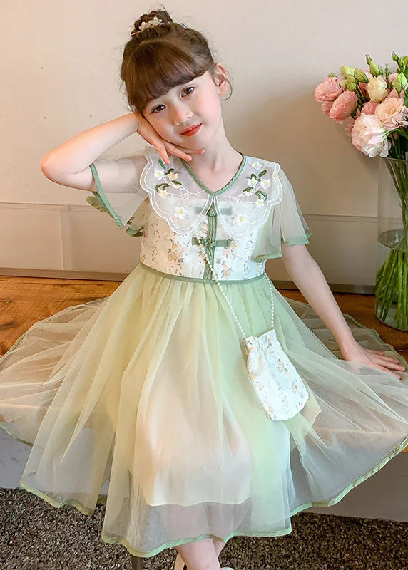 Seasonal Clearance Stylish Light Green Embroideried Wrinkled Patchwork Tulle Kids Girls Dress Summer