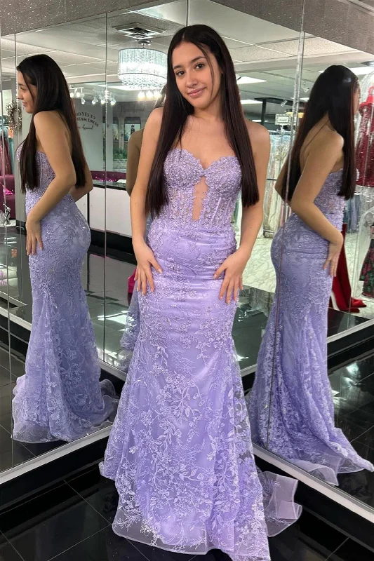 Pastel Styles Lavender Strapless Cut-Out Mermaid Floral Long Prom Dress