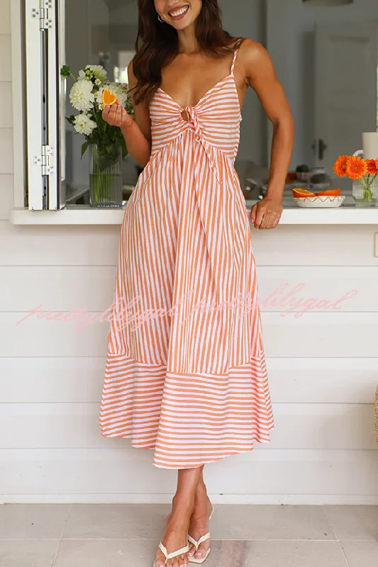 Relaxed Style Striped Print Suspenders Gathered Lace-up Loose Midi Dress